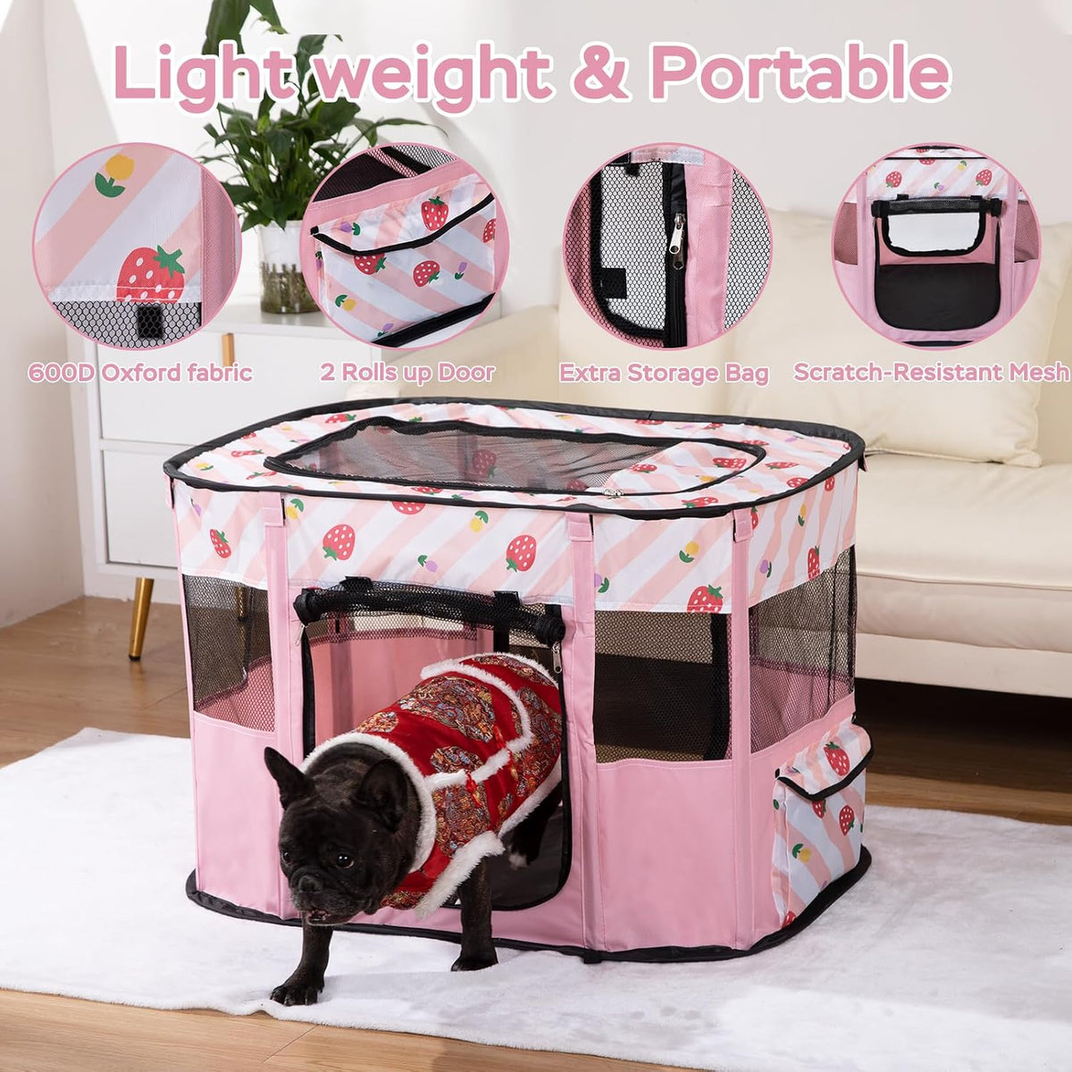 Foldable Pet Cat Playpen, Indoor Cat cage Crates S - Pink / Large（35.4"L x 27.6"W x 23.6"H） - image 3