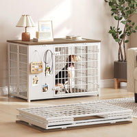 YATINEY Foldable Dog Crate Furniture, Dog Crate with DIY Frame - 37.4"L x 23.6"W x 26.0"H / White + Walnut