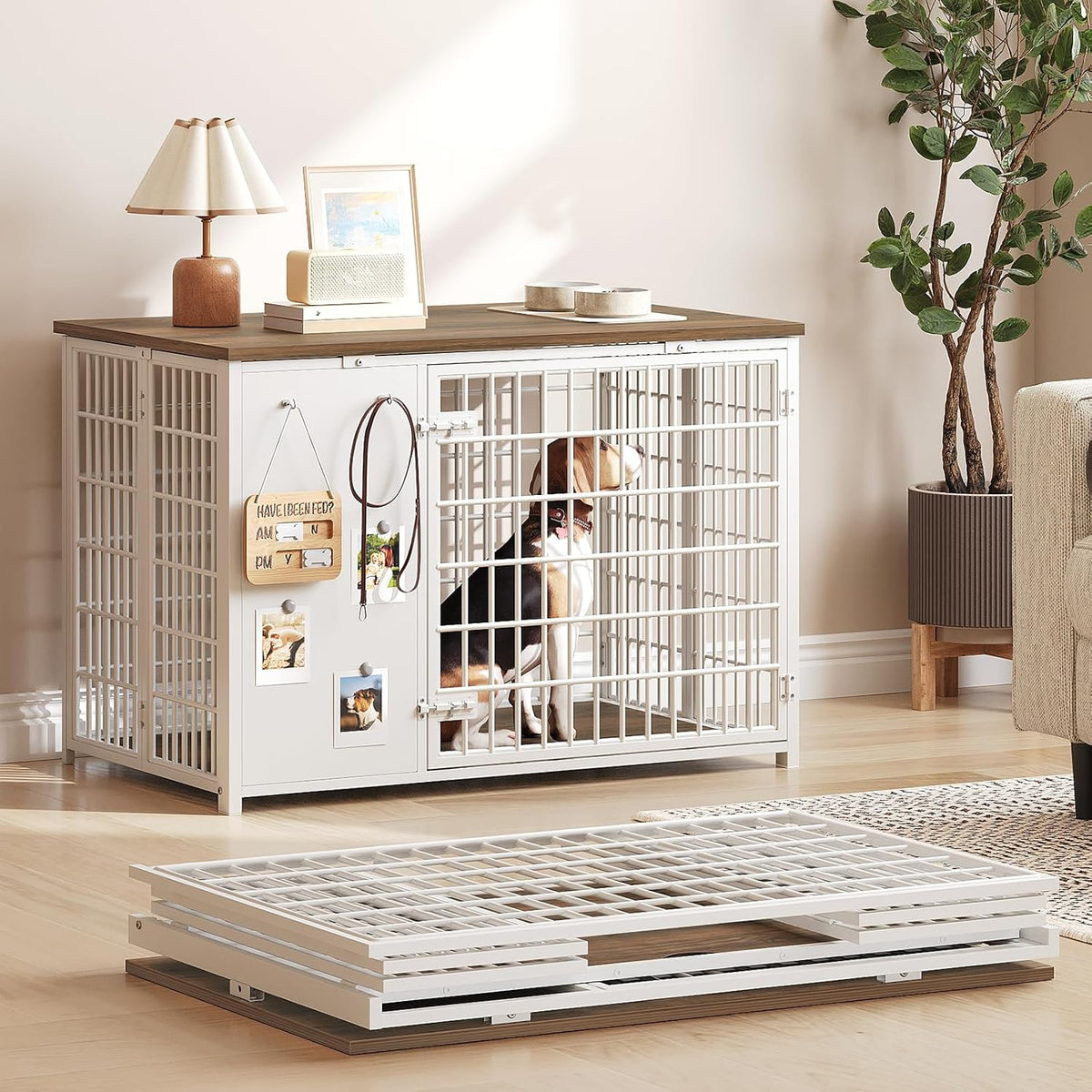 YATINEY Foldable Dog Crate Furniture, Dog Crate with DIY Frame - 37.4"L x 23.6"W x 26.0"H / White + Walnut