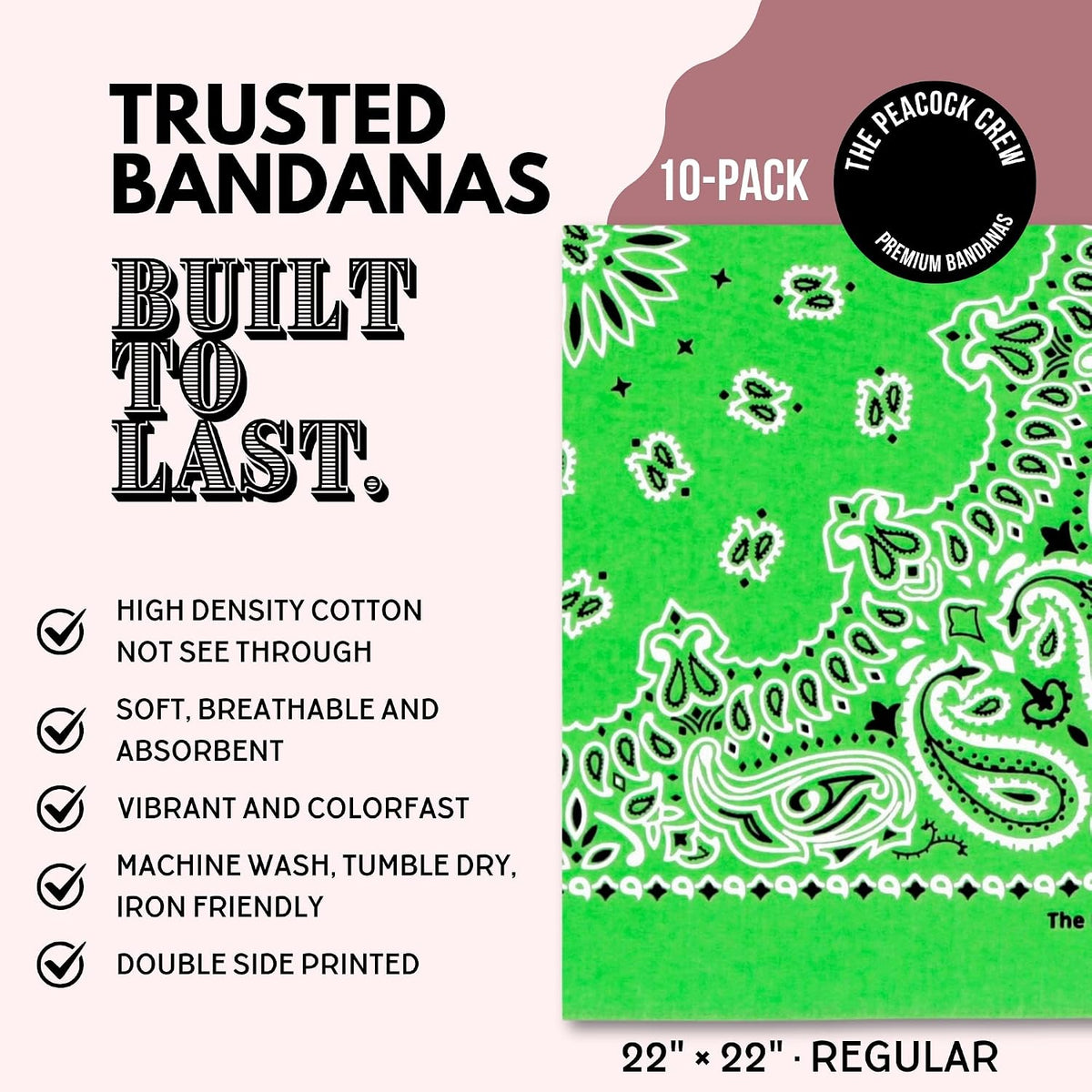 Premium Soft Cotton Bandanas Pack for Men and Women Paisley 22 x 22 - Pack of 10 Golf Green - image 2