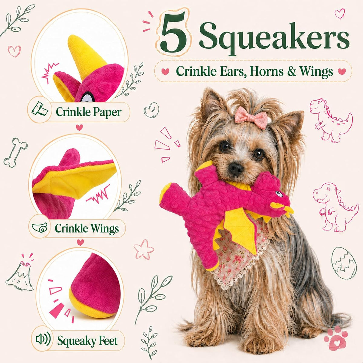 Squeaky Dog Toy, Plush Dragon with 5 Squeakers and Crinkle Wings - Pink - image 2