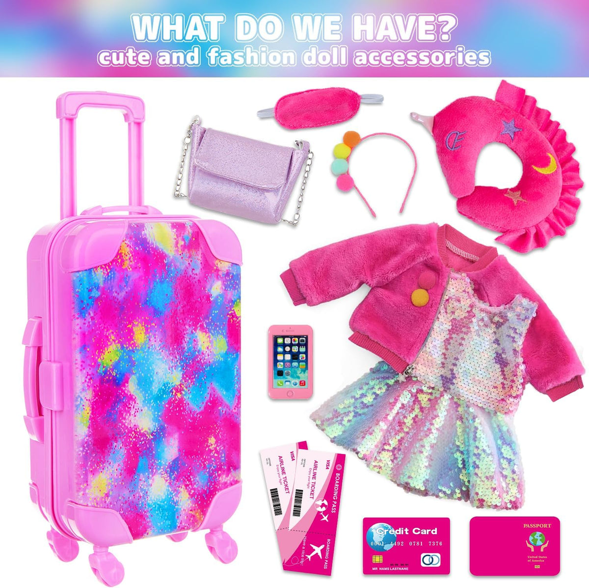 K.T. Fancy 23 PCS 18 Inch Girl Doll Accessories Suitcase Luggage - Pink Sequined Suitcase - image 2