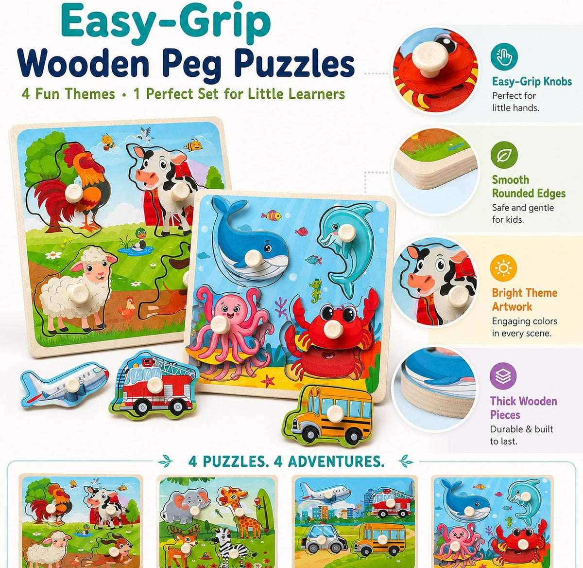 Wooden Peg Puzzles for Toddlers 1-3 - Style D - image 4