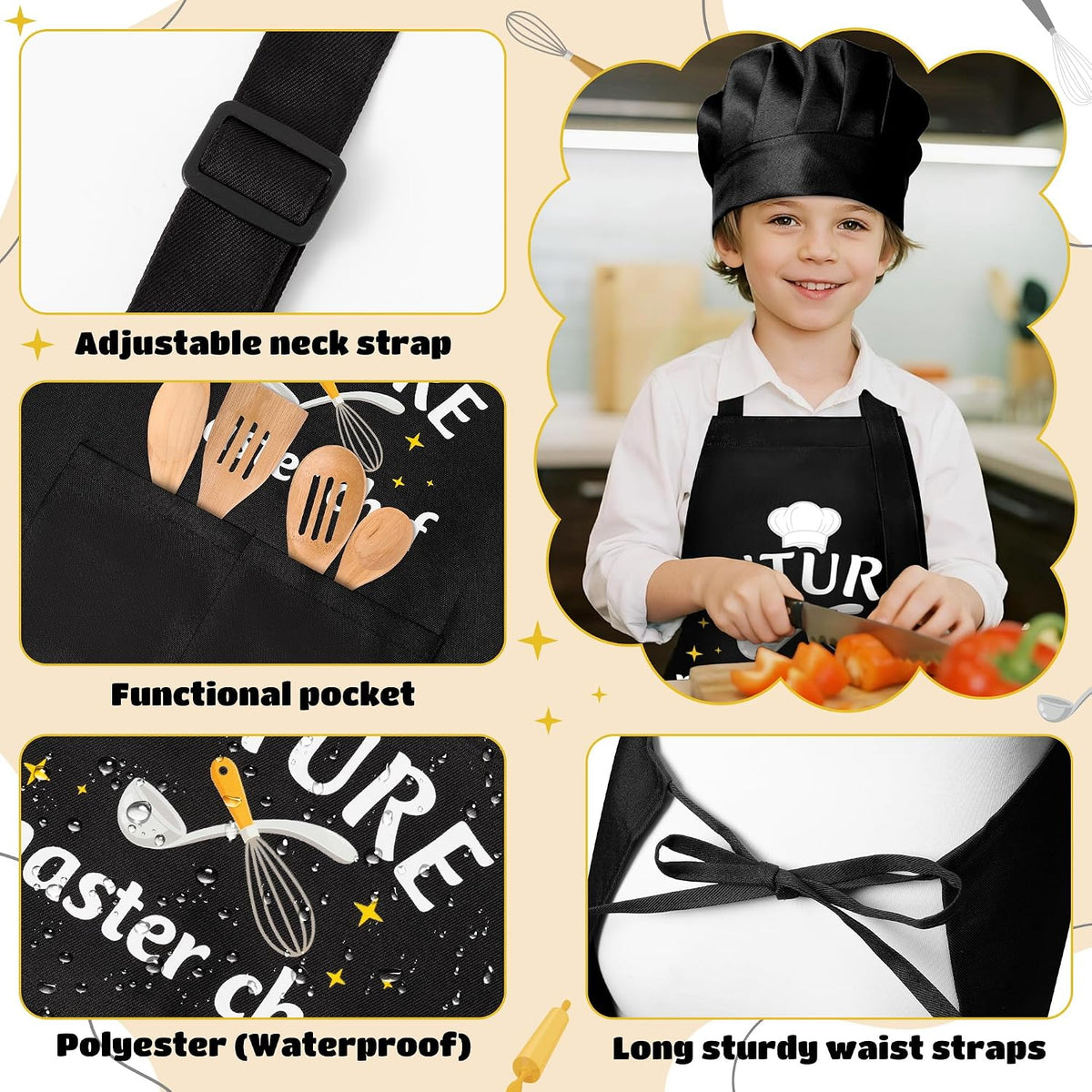 4Pcs Kids Apron and Chef Hat Set Gift for Girls Boys - Training & Master - image 3