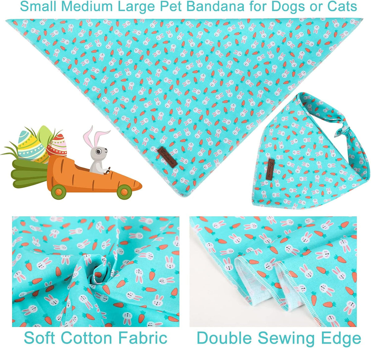 Summer Dog Bandana, UP URARA PUP Strawberry Triangle Bid Scarf for Medium Large Dogs, Cotton - BlueRabbit / L - image 2