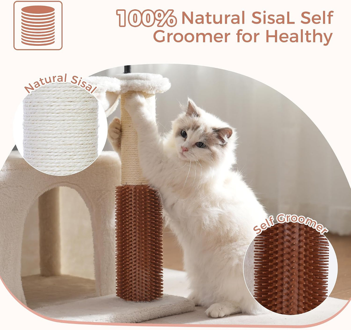 Cat Tree 32” Small Cat Tower with Large Hammock 16”& Self Groomer – Essentials for Cats - Medium-32" / Beige - image 4