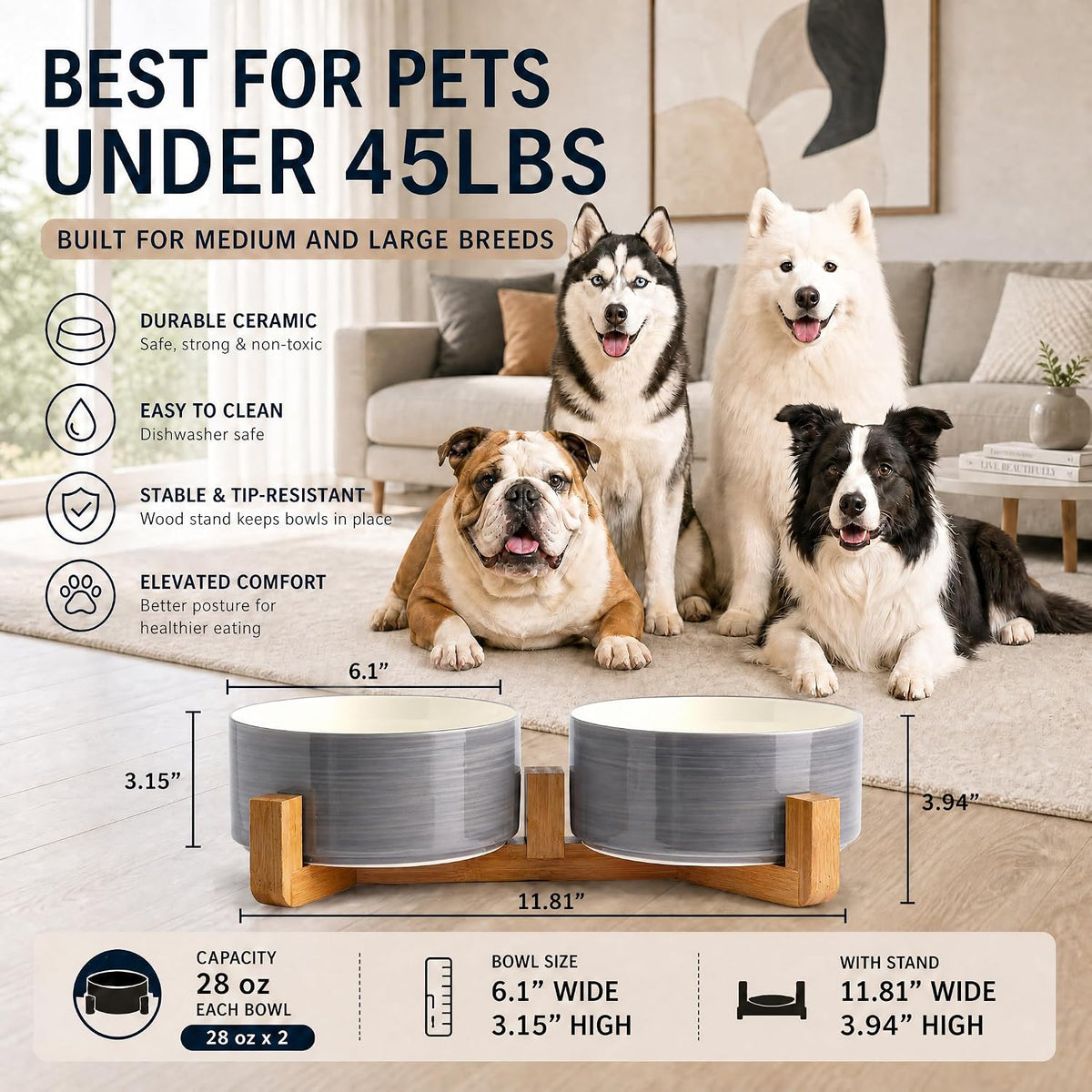 Ceramic Cat Dog Bowl Set with Stand - Grey White / 850ML*2 - image 3