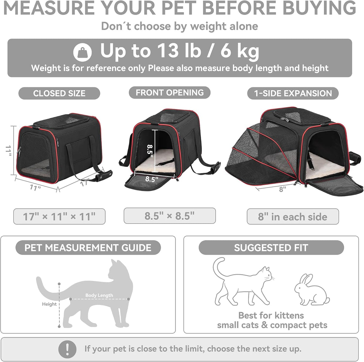 Petsfit Medium Expandable Cat Carrier for Air Travel - 17.0"L x 11.0"W x 11.0"H / Black - image 2
