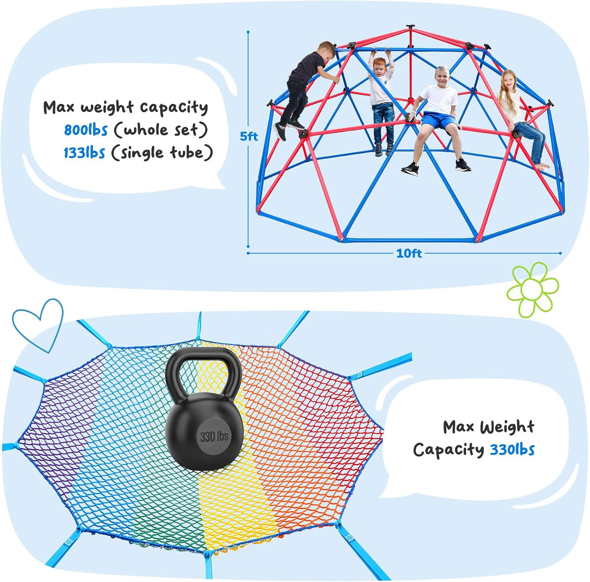 Hapfan 10 ft climbing dome with multi-color cargo net hammock for kids - view 5