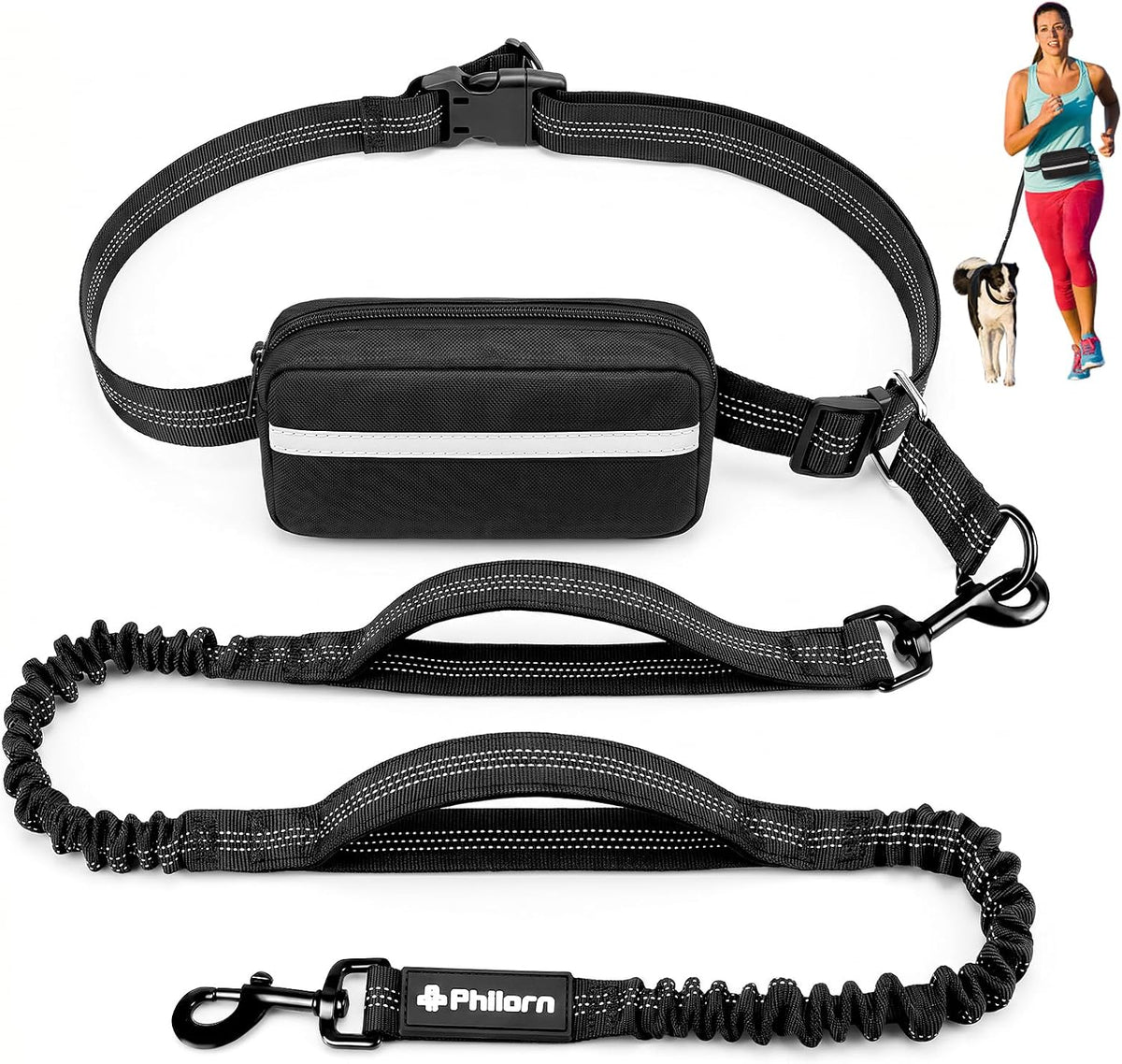 Philorn Hands Free Dog Leash for Dogs with Pouch - Black for 1