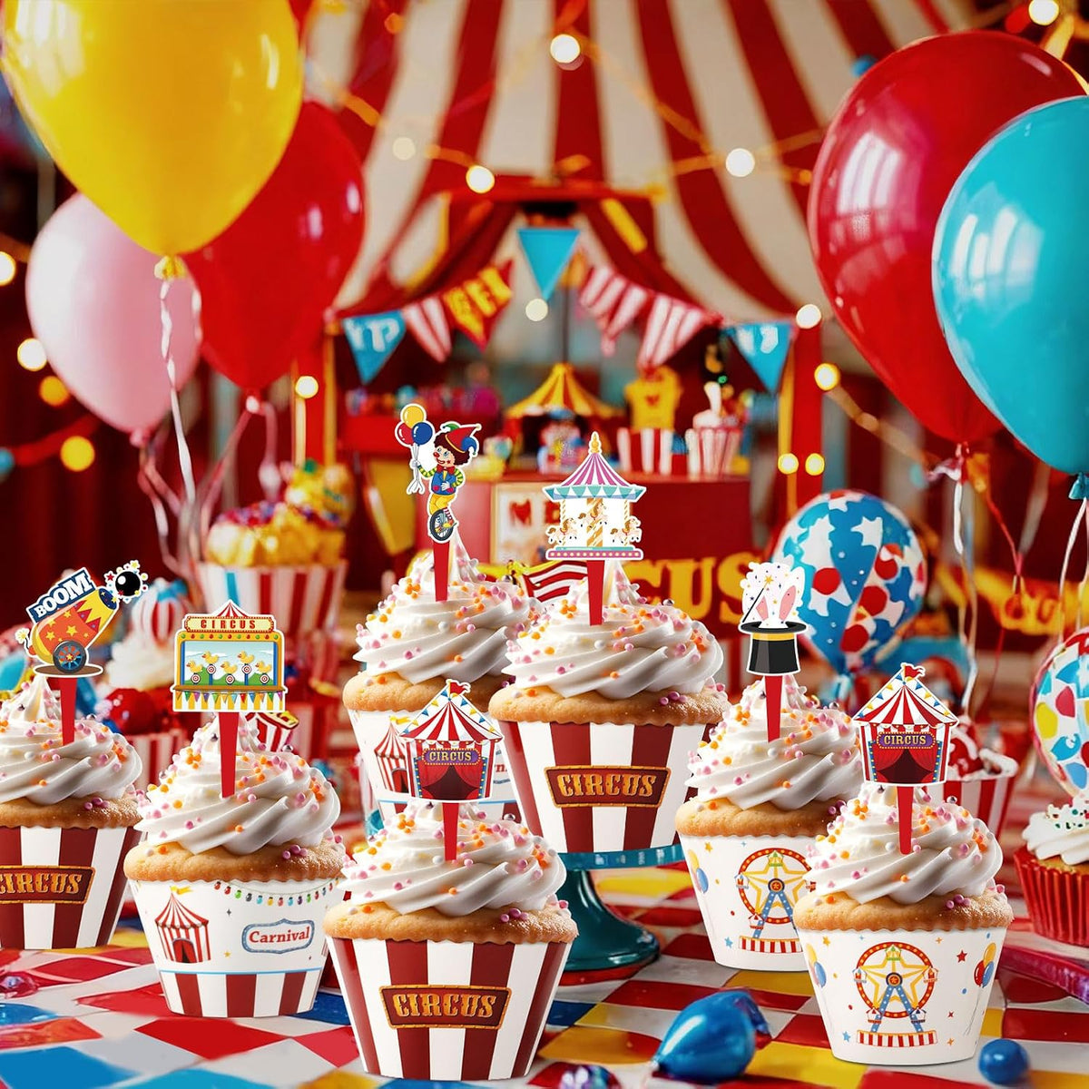 Hooqict carnival circus cupcake toppers and wrappers set, 48 pieces - view 30