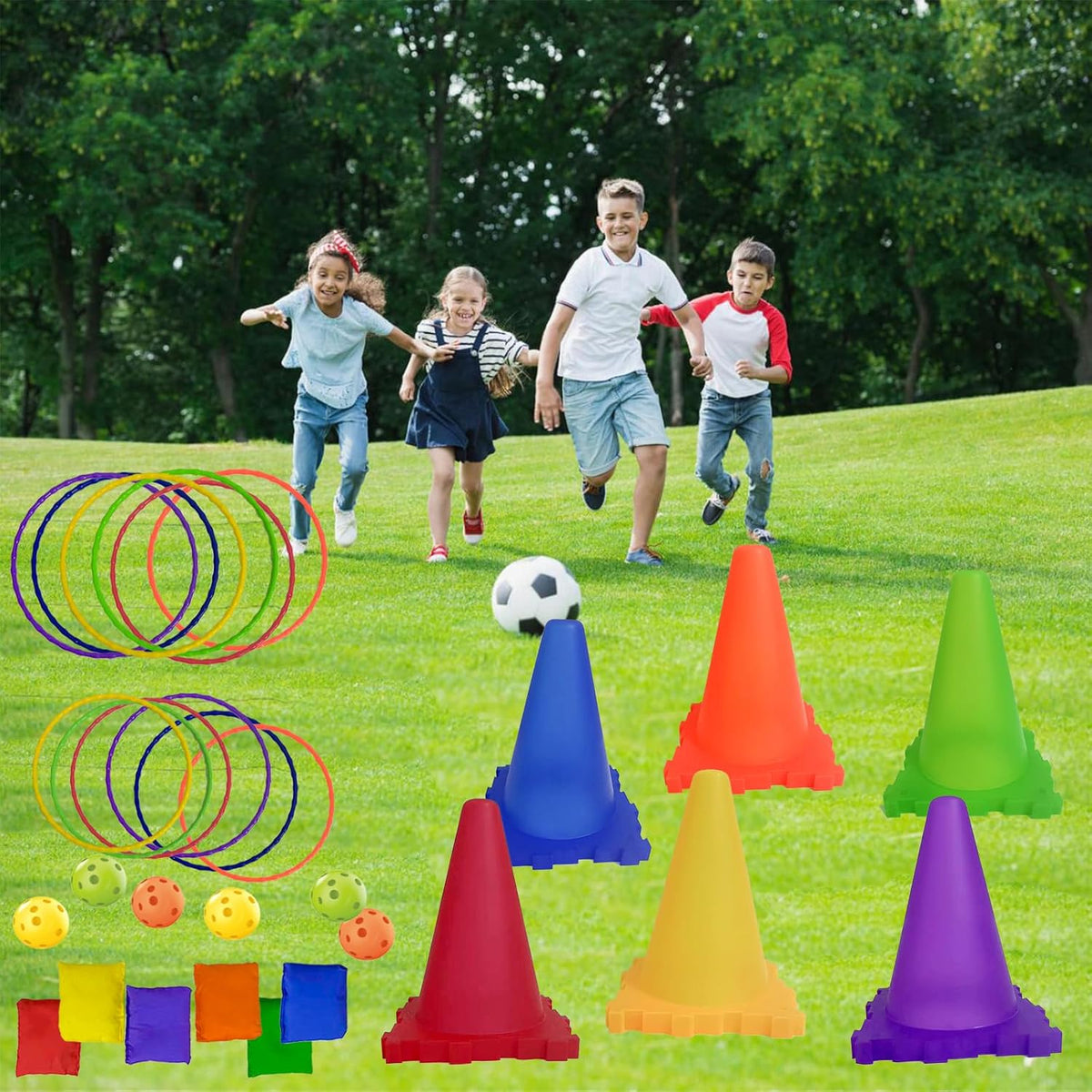Aykzaqe outdoor games set for kids with traffic cones, colorful rings and bean bags - view 7