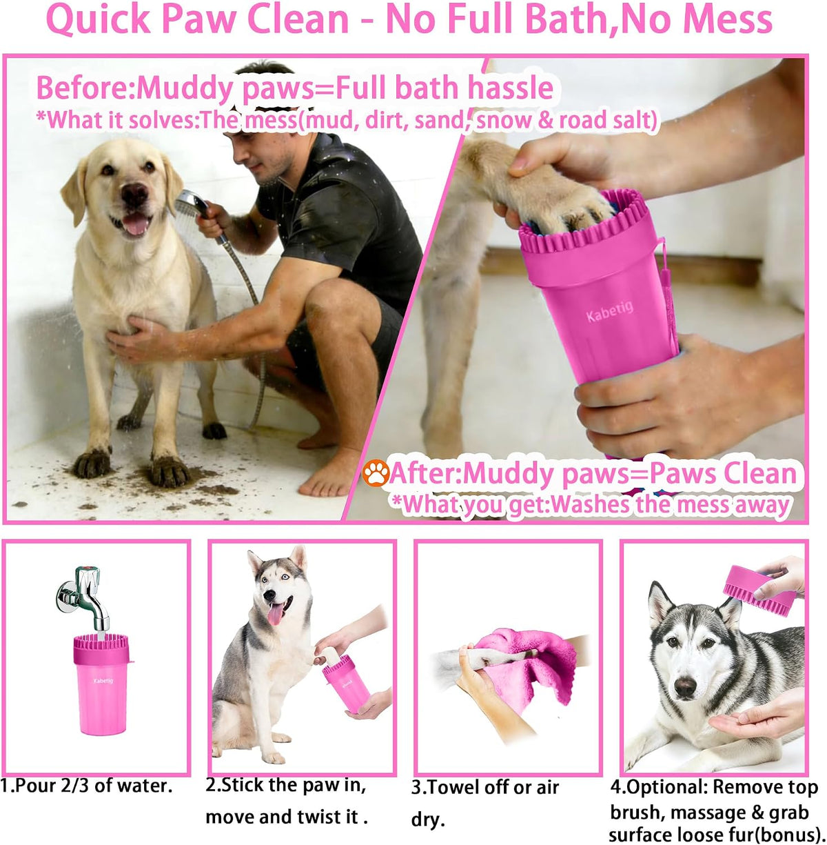 Dog Paw Cleaner Cup with Detachable Top Brush for Large & XL Dogs – Essentials for Dogs - Large(3Towels&Brush) / Pink - image 3