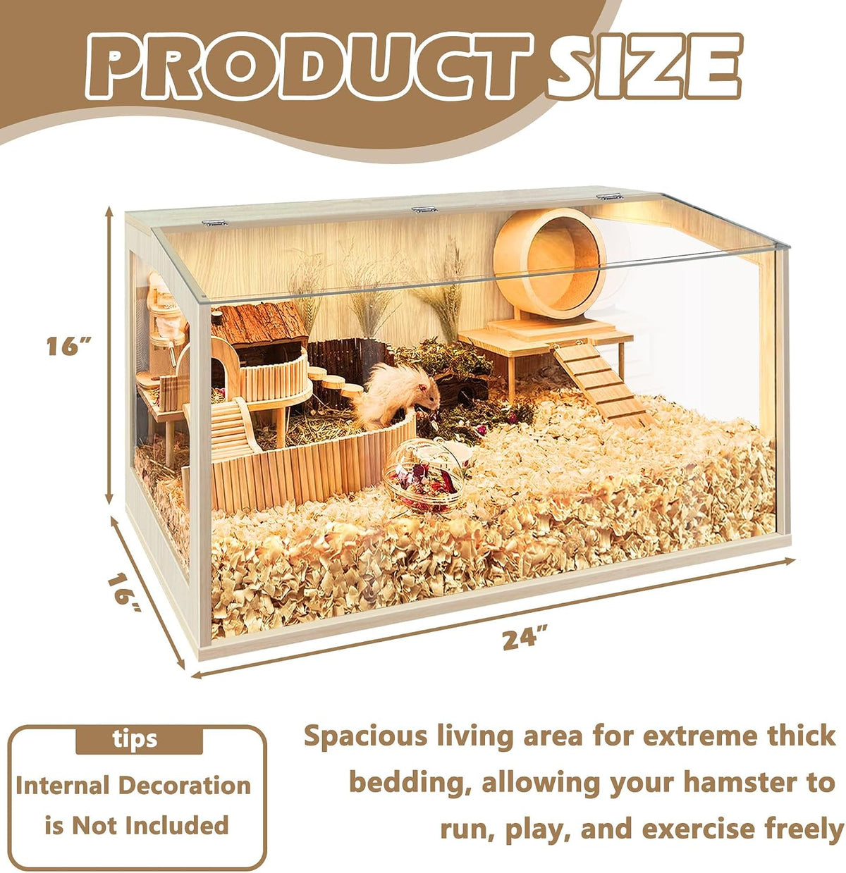 Hamster Cage Chewproof, Large Hamster Cages and Habitats - Natural Oak Wood / 24.0"L x 16.0"W x 16.0"H / Openable Window Roof - image 3