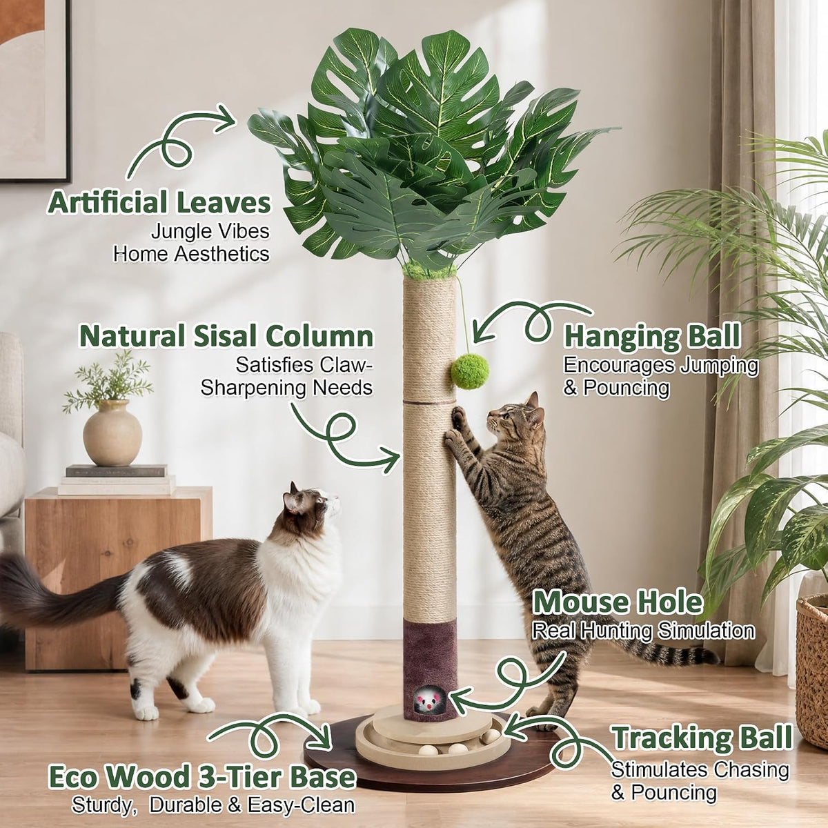 40" Cat Scratching Post, Natural Sisal Rope Cat Scratcher Tree – Essentials for Cats - Monstera Leaf - image 2