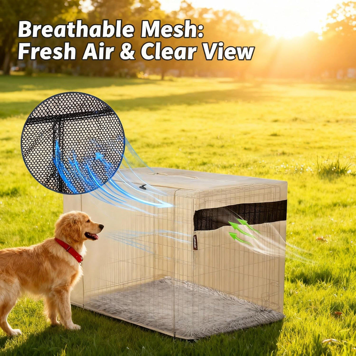 42-Inch Dog Crate Cover with Mesh, Waterproof Kennel Cover - 54.0"L x 37.0"W x 45.0"H / Beige - image 3