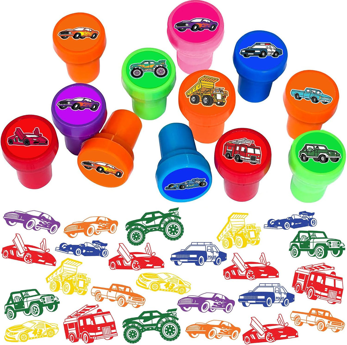 Car and truck stampers for kids, 12 pre-inked stamps in different vehicle designs and colors - view 4