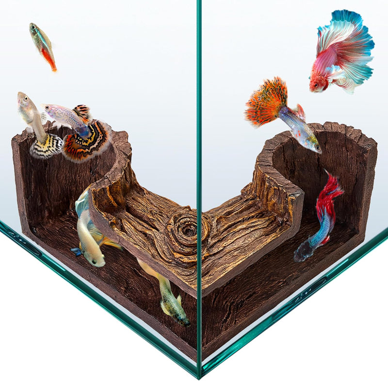 Aquarium Cave | Natural-Looking Wood-Like BPA-Free Fish Tank Cave for Corners | 5.1” x 2” x 2.7”