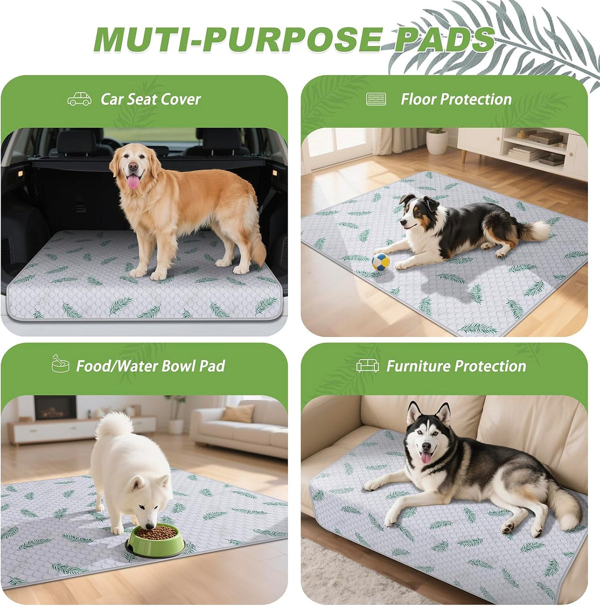 Washable Dog Pee Pads, Non-Slip Waterproof, Feather - Leaf Pattern / 32"x63"(Pack of 2) - image 2