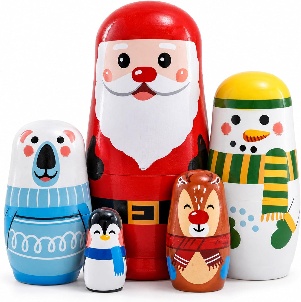 Kakeah 5 piece wooden nesting dolls set with brown bear, fox, owl, rabbit and raccoon - view 3
