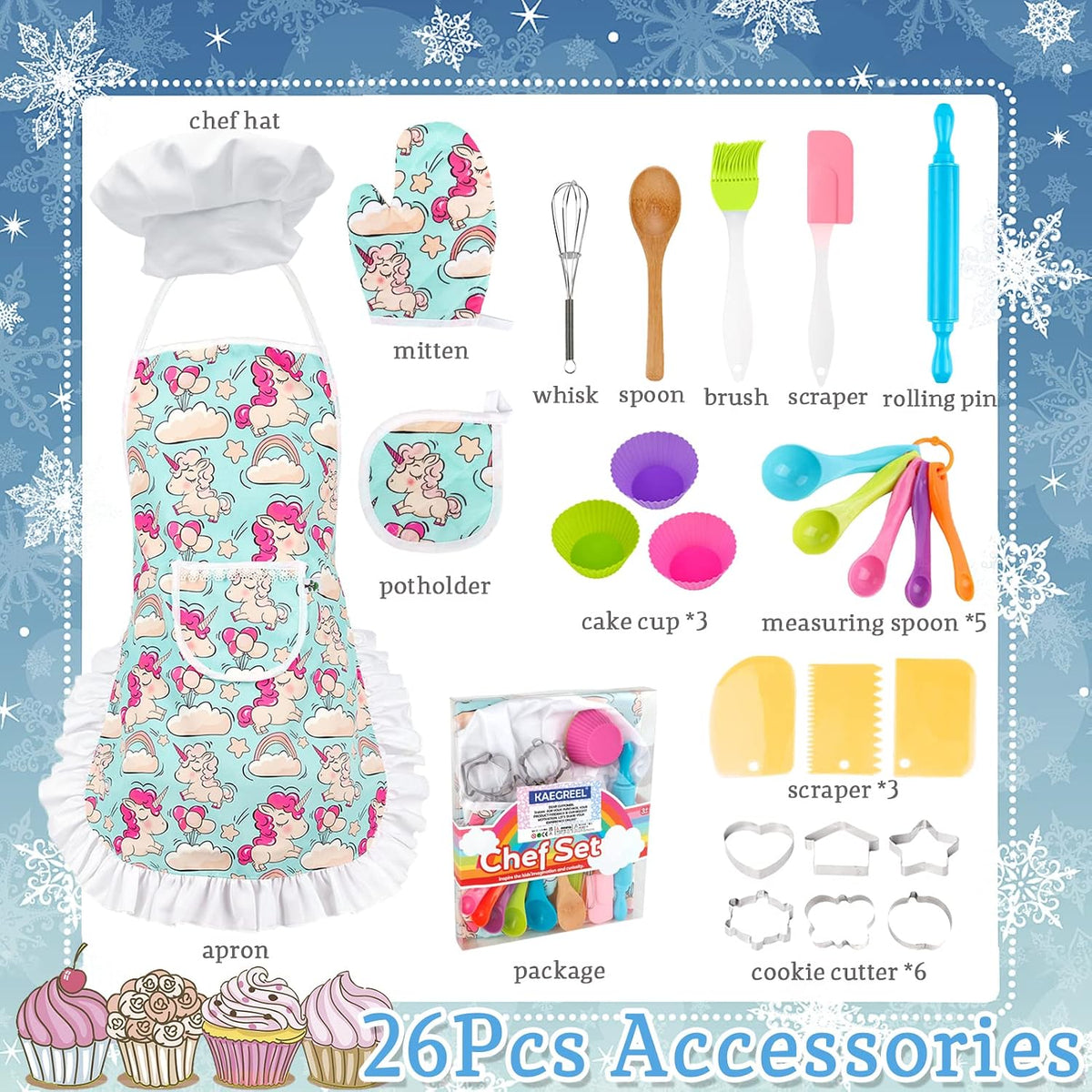KAEGREEL Kids Baking Chef Set with Unicorn Apron and Mitt - Purple Unicorn Apron+6 Model Cookie Cutters - image 2