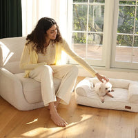 FUKUMARU Dog Couch Bed, Corduroy Cozy Cat Bed for Indoor Cats with Washable Cover, Supportive Waterproof Dog Beds Sofa for Small Dogs and Large Cats Cute, 28inch, Medium, Cream