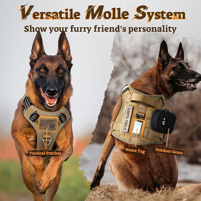 rabbitgoo Dog Harness Small Sized No Pull, Tactical Service Pet Vest with Molle and Control Handle, Adjustable and Reflective Military Harness for Easy Walking and Training, Brown, S