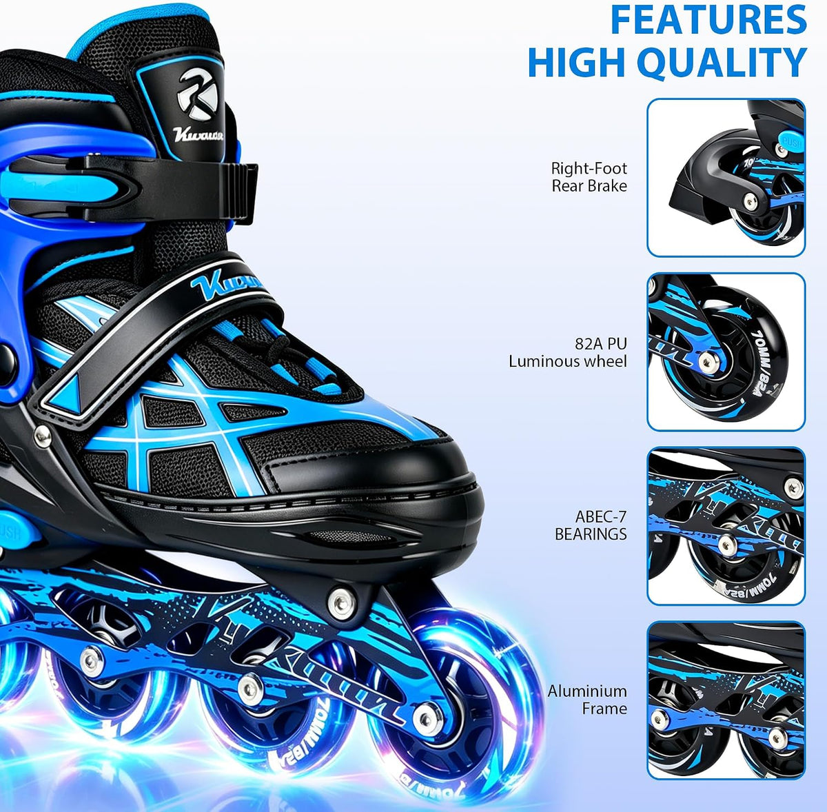Kuxuan Boys Adjustable Inline Skates with Light up Wheels for Kids - Stripe Blue / Large(Kids 3-6 US) - image 2