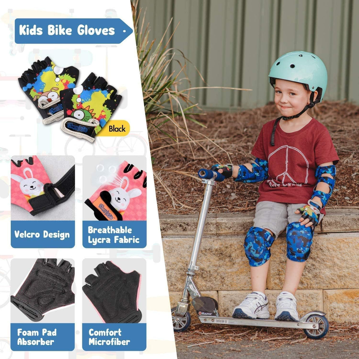 Soft-Style Kids Knee and Elbow Pads with Bike Gloves - Large / Ocean Camo - image 4
