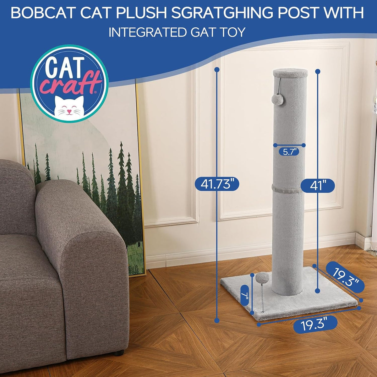 Cat Craft 41" Tall Short Plush Cat Scratching Post for Indoor Cats - Light Gray / Large - image 2