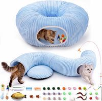 Cat Tunnel Bed with 40 Pcs Interactive Cat Toys - Blue / Medium