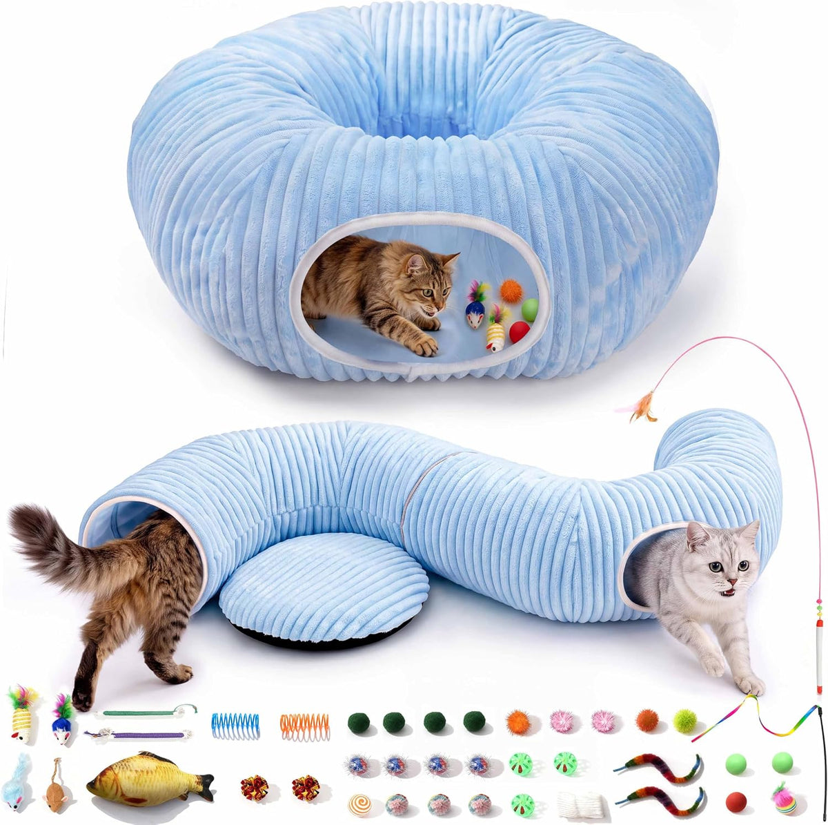 Cat Tunnel Bed with 40 Pcs Interactive Cat Toys - Blue / Medium