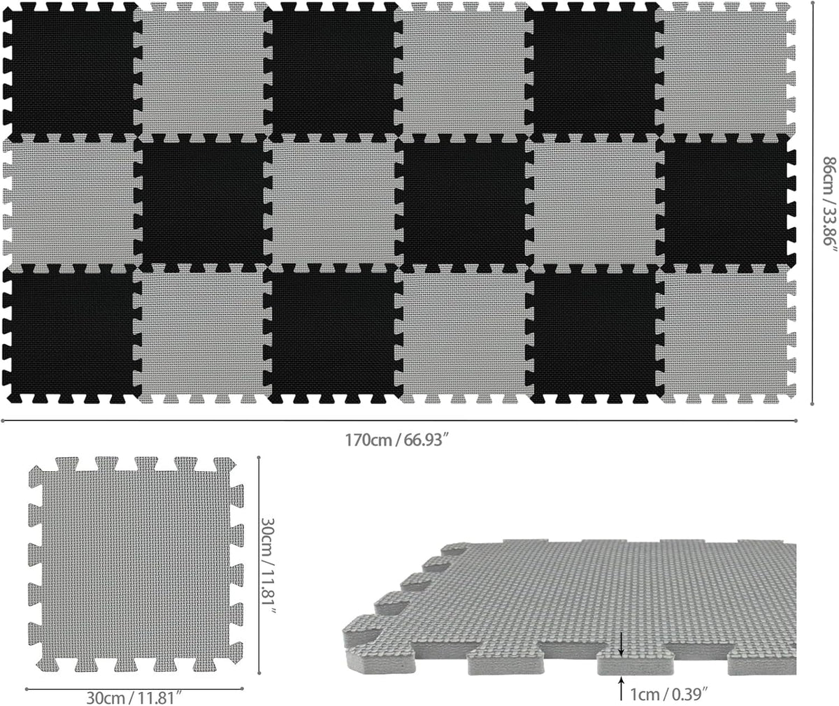 qqpp EVA Rubber 18 Tiles Interlocking Puzzle Foam Floor Mats - 18 Tiles / 2 Black, Gray - image 2