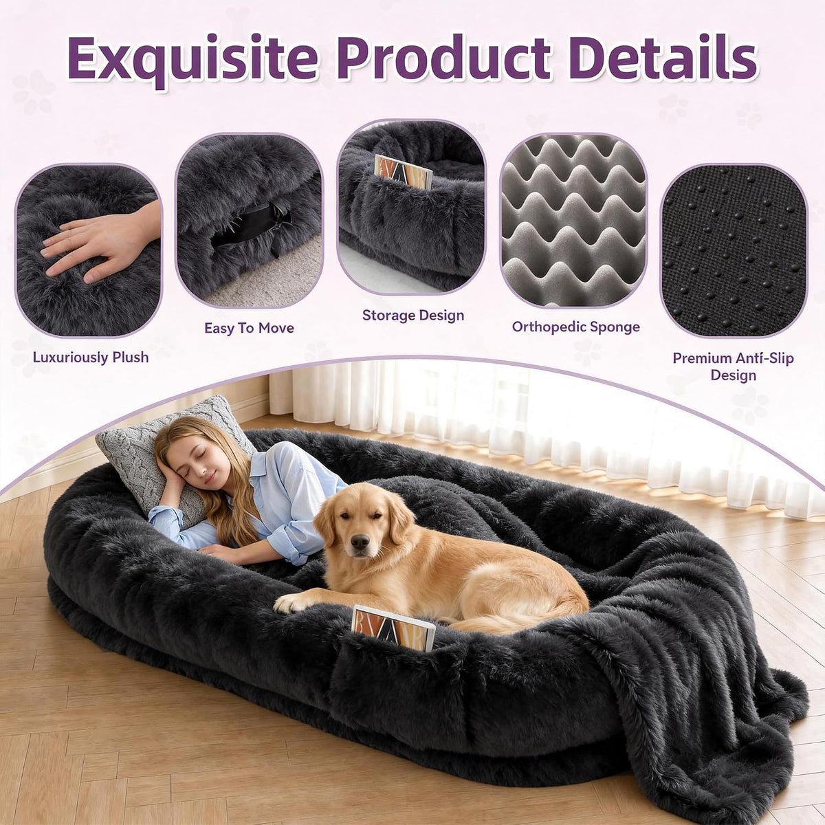 Grey Human Dog Bed, 71''x45''x12'' Size Fits Adult and Pet - Dark Grey - image 3