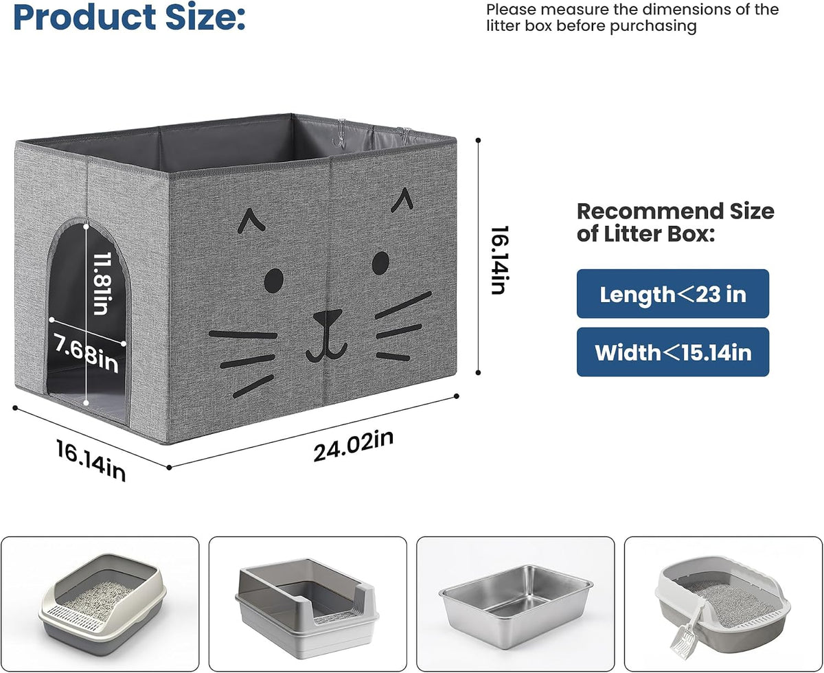 Waterproof Cat Litter Box Enclosure Splash Guard with Removable Mat - Gray Cat Face with Door / Large - image 4