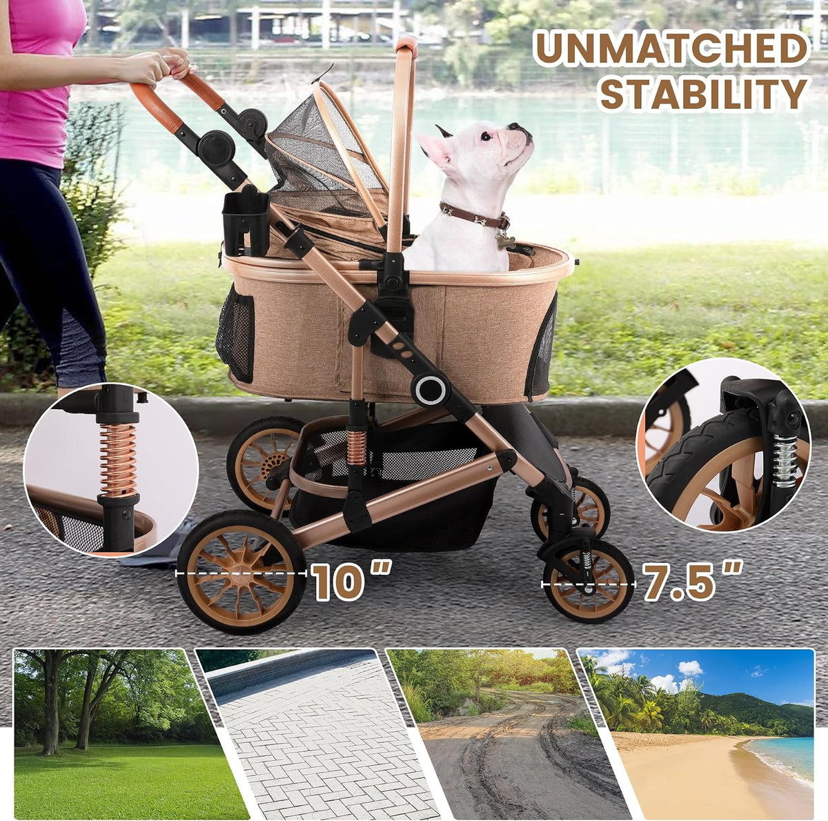 Bicystar Dog Stroller with Detachable Carrier, Rubber Wheels - Tan - image 4