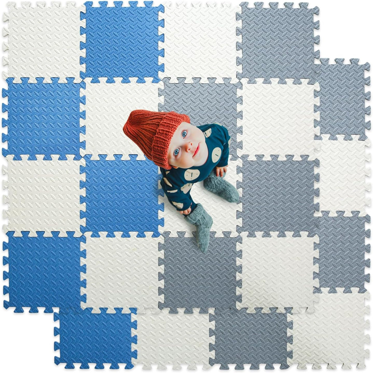 16 Tiles Foam Play Mat, Soft & Safe EVA Foam Mats for Floor - White/Gray/Gray Blue