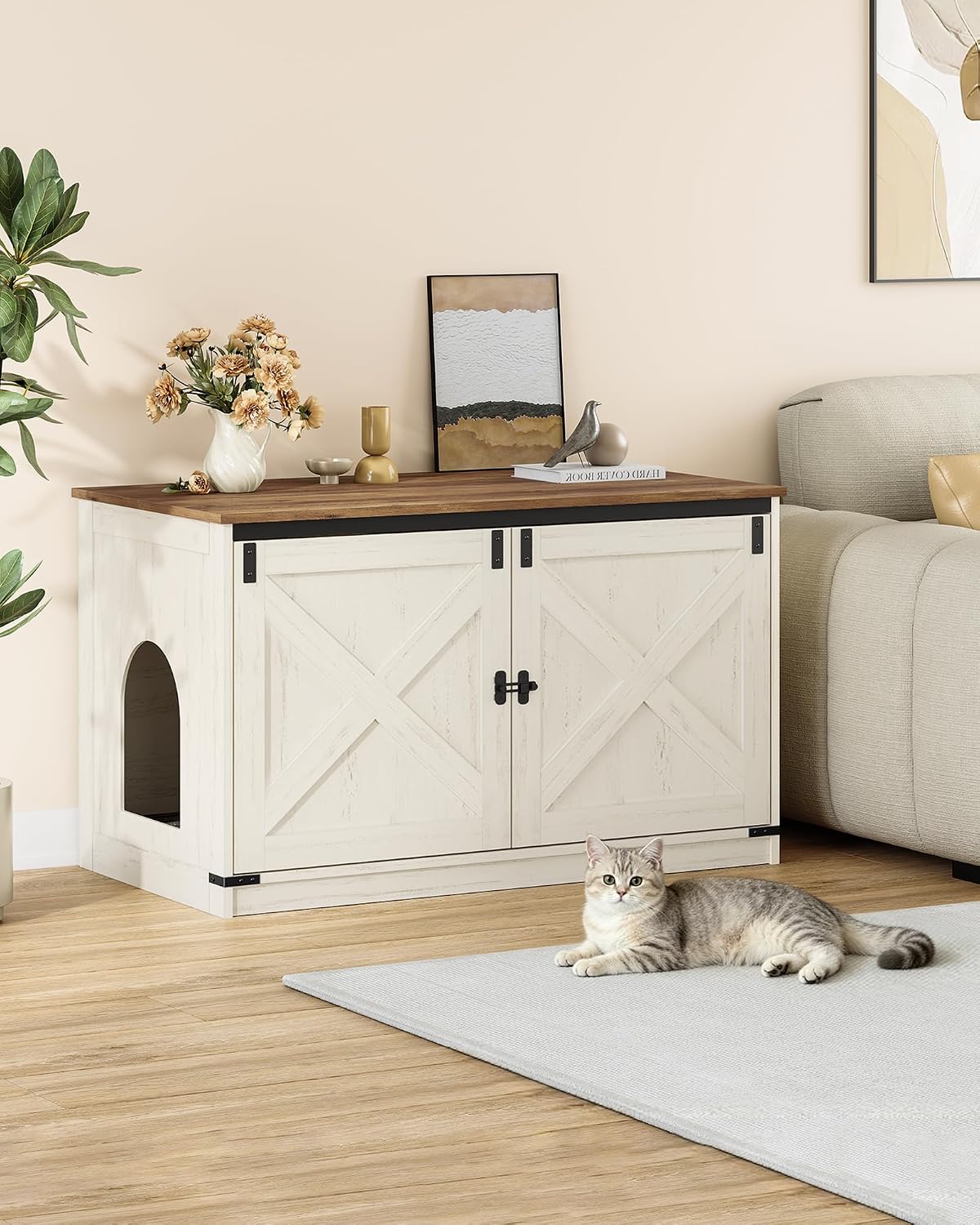Hzuaneri Cat Litter Box Enclosure - Rustic White and Brown / 39.4"L x 21.7"W x 23.6"H - image 3