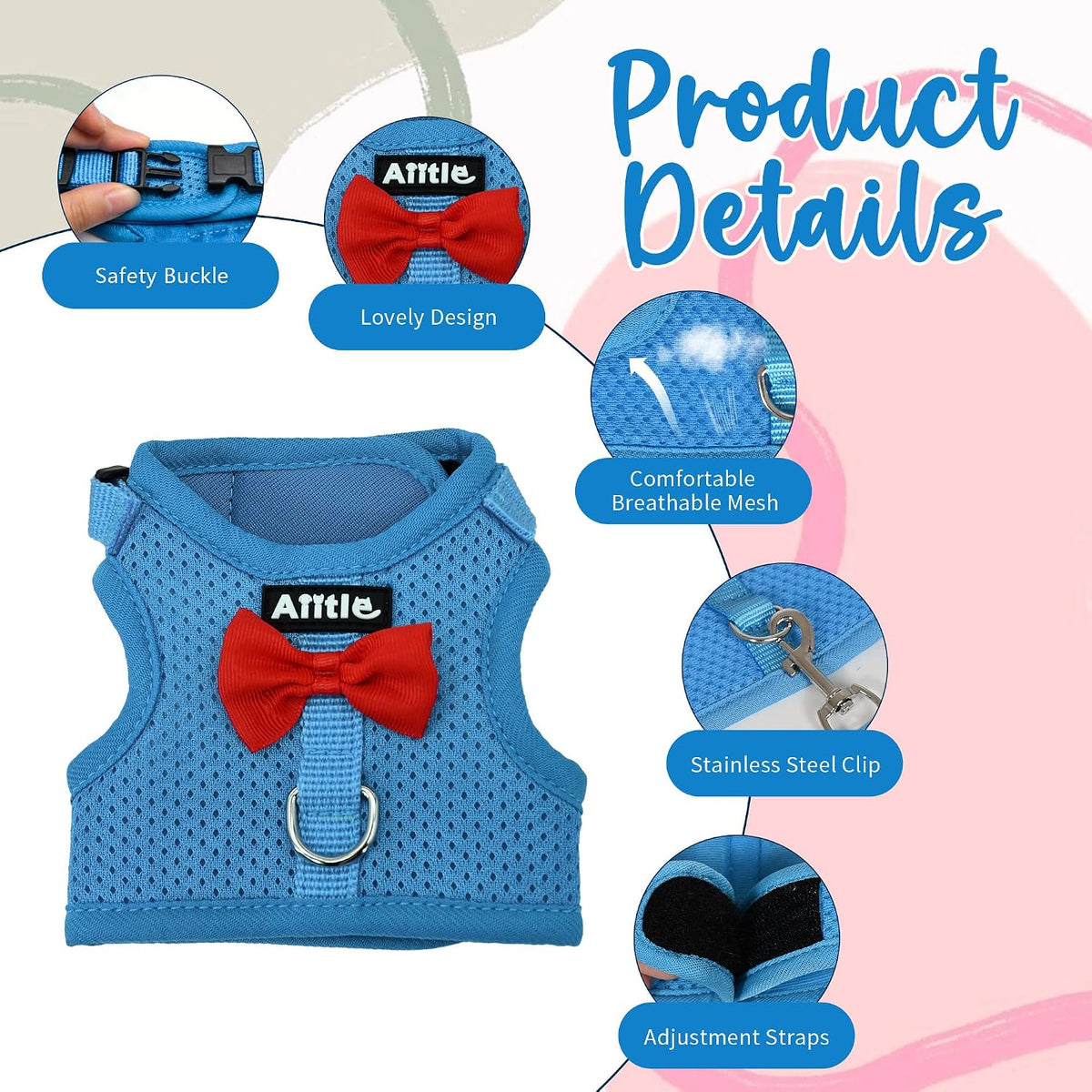 Breathable Bunny Harness and Leash Set with Cute Bow, Black S – Essentials for Small Pets - L / Blue - image 4