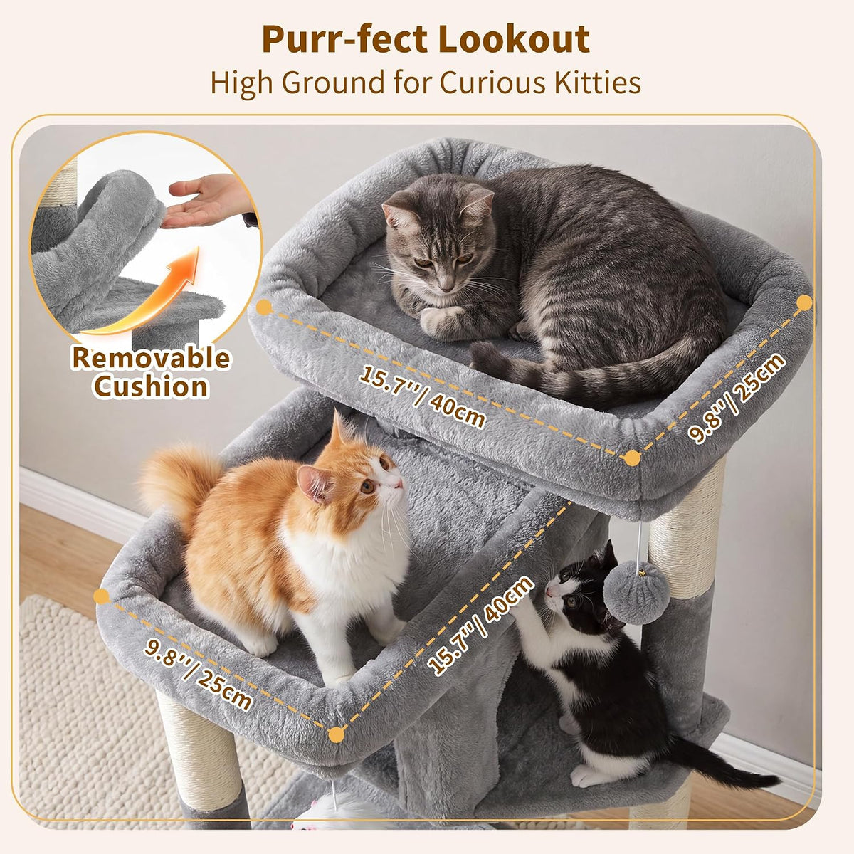 Heybly 34.6" Cat Tree Anti-Tipping Floor Cat Condo for Kittens - Light Gray / 34.6 inch - image 2