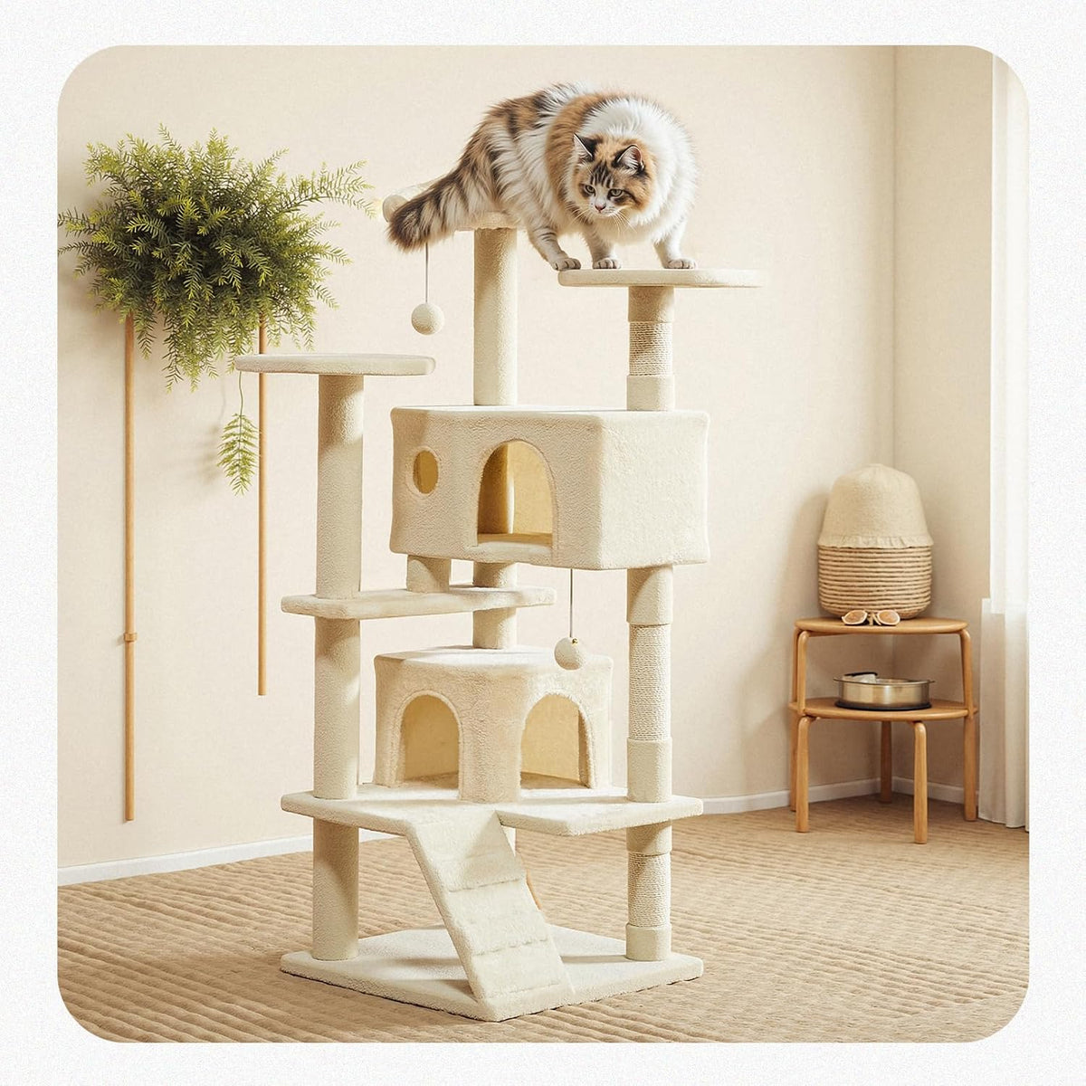 54 Inch Cat Tree Tower with Sisal Scratching Posts, Multi-Level – Essentials for Cats - Cream / 54"×19.7"×19.7" - image 2