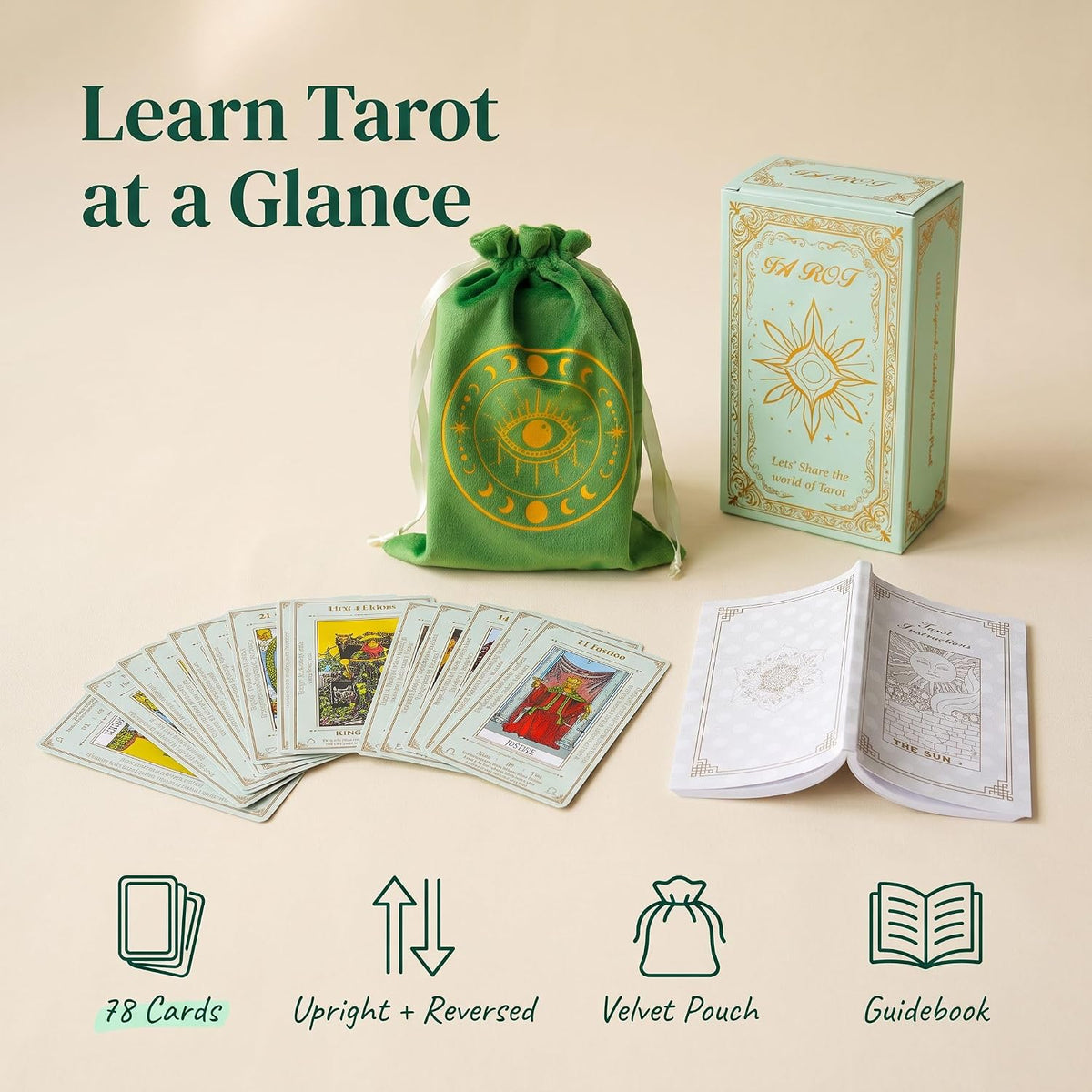 Erbacan beginner tarot cards deck with meanings printed on the cards, guidebook and green velvet pou - view 4