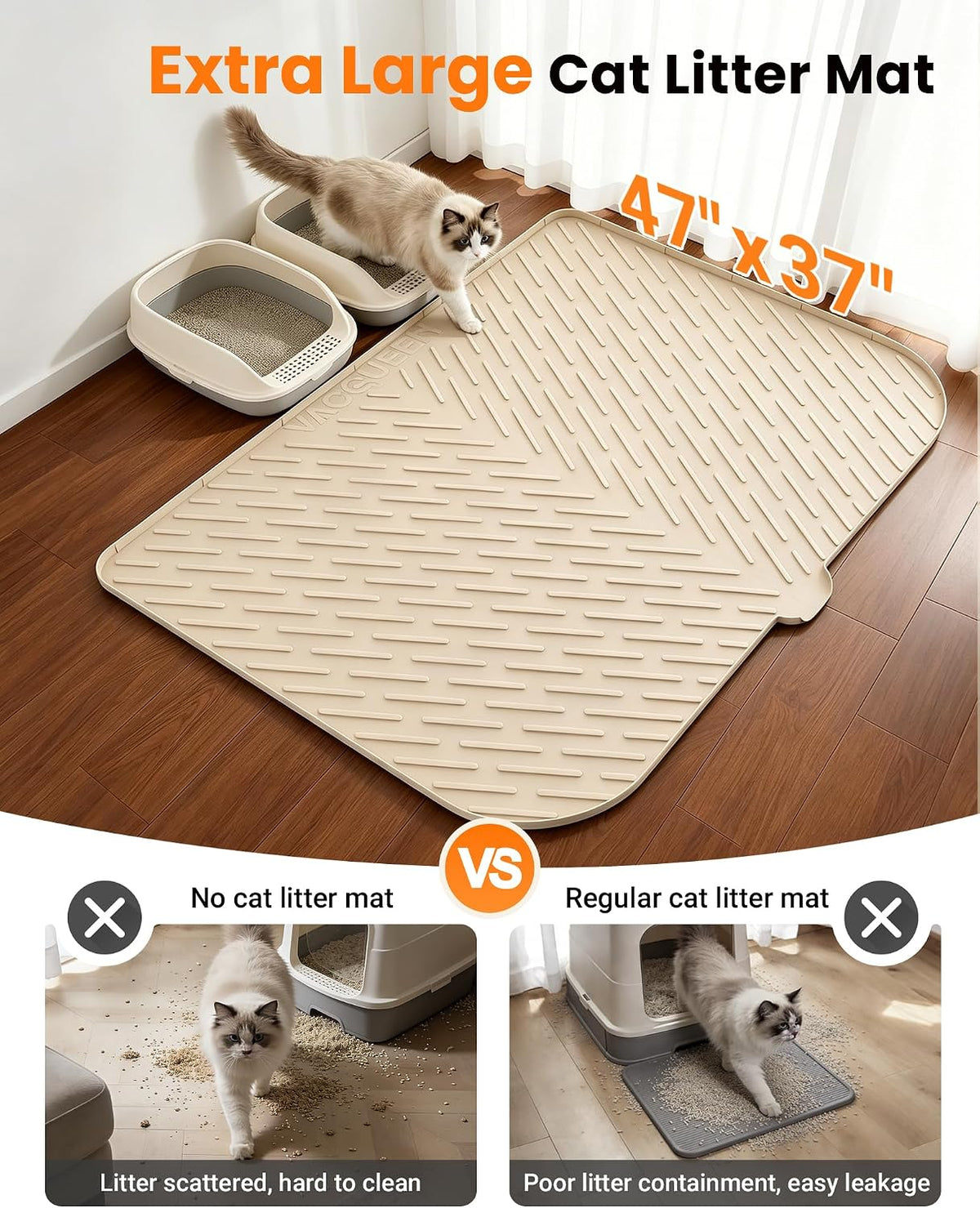 Cat Litter Mat, 47"x37" Extra Large Litter Box Mat, Silicone Mat - Beige - image 2