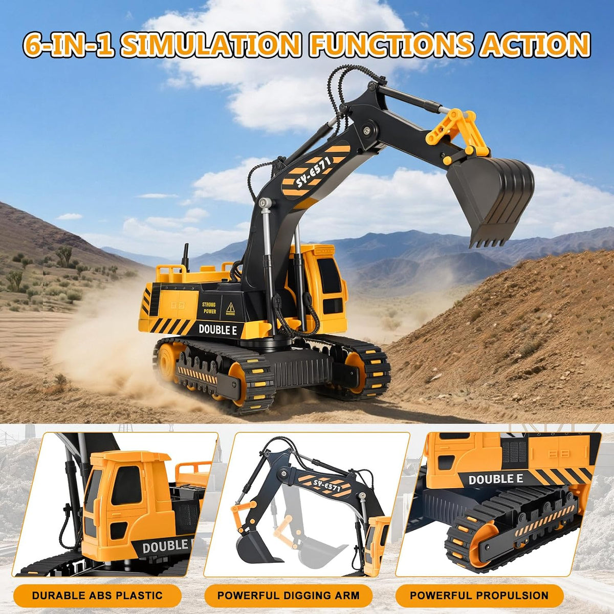 DOUBLE E Remote Control Excavator Toy - Black-yellow - image 3