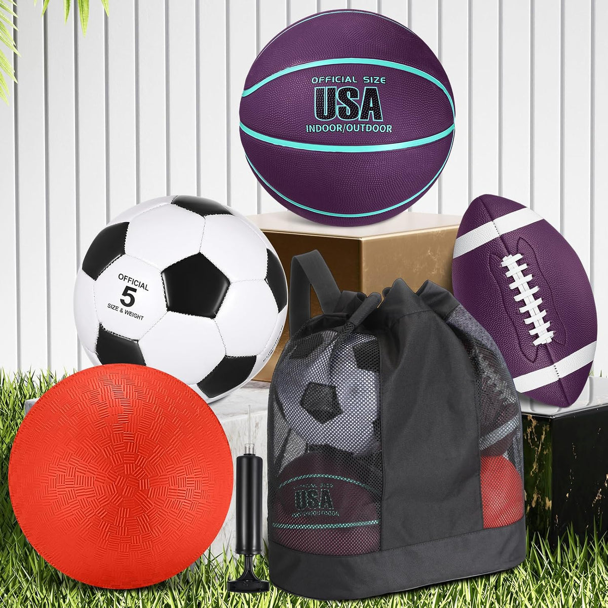 Lenwen sports balls set with basketball, soccer ball, football, playground ball, pump and bag - view 20