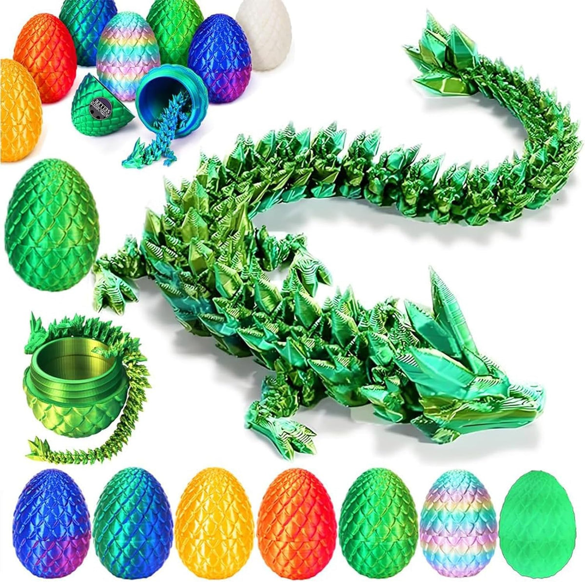 3D Printed Dragon Egg, Mystery Articulated Crystal Dragon Egg Fidget Toys, 3D Print Surprise - Green