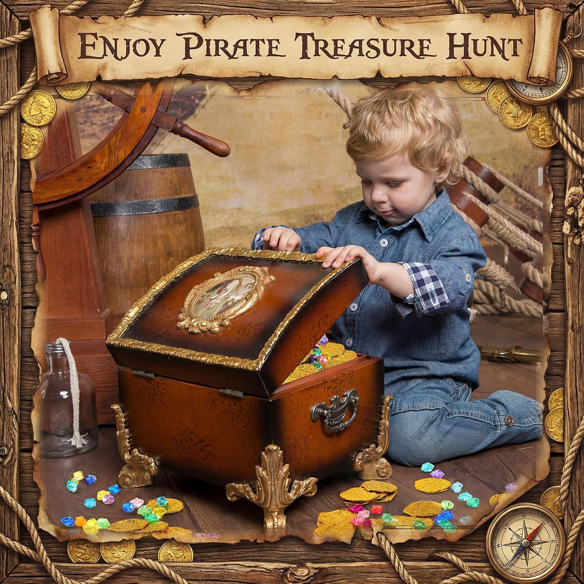 Hanaive 150 Pcs Plastic Pirate Gold Coins Fake Gems Set - Gold / Novel Style - image 4