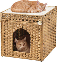 Cat Beds Indoor Kitten House, PE Rattan Cat Cave - Natural / Rectangle-XL