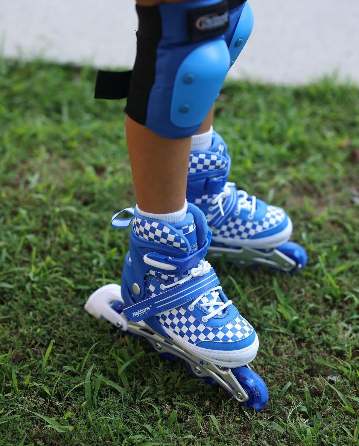 Nattork adjustable inline skates for kids with light-up wheels and checkerboard upper - view 25