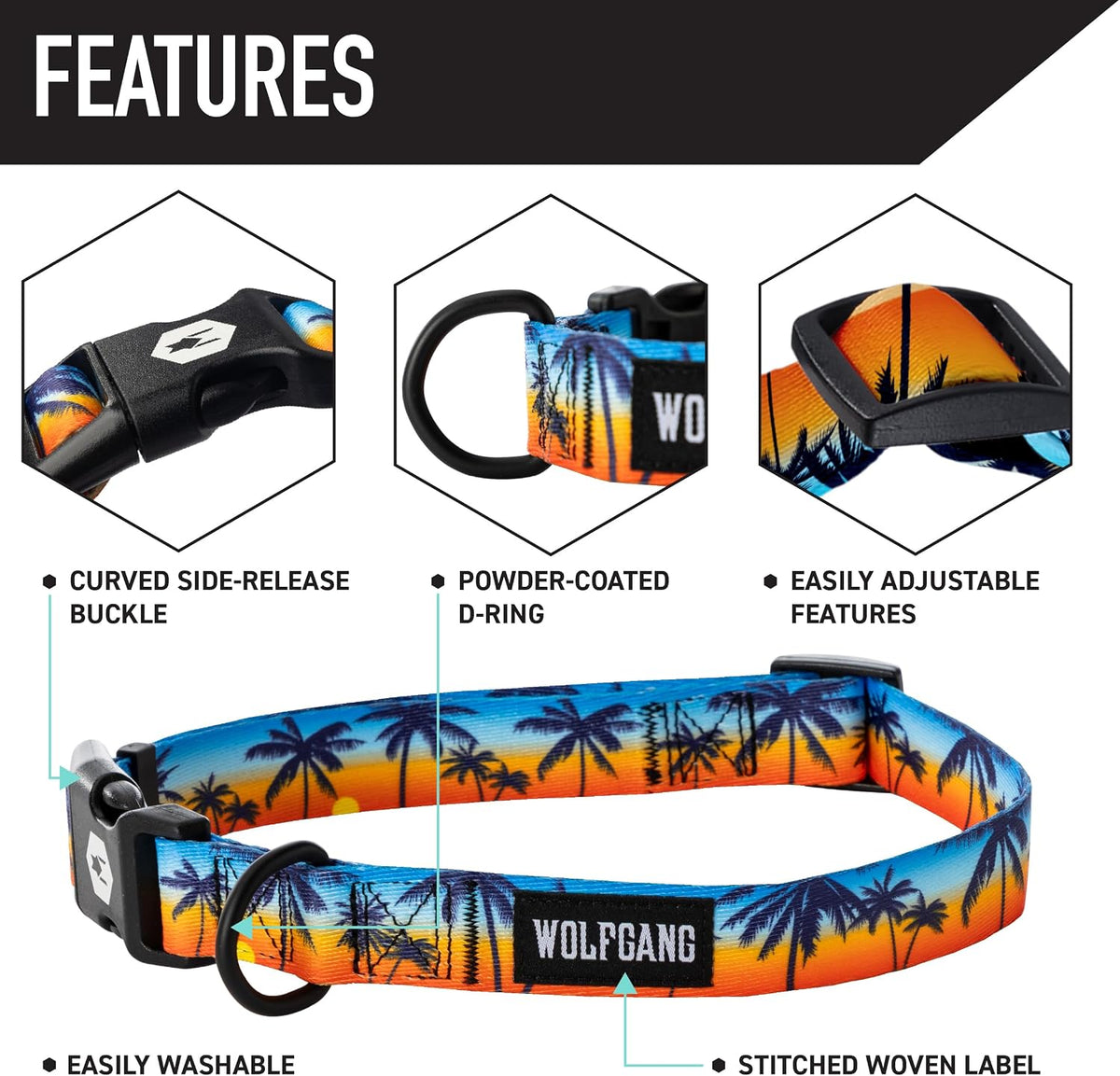 Wolfgang Heavy Duty, Adjustable Dog Collar with Quick Release Nylon Buckle for Walking & Training - Medium (1 Inch x 12-18 Inch) / SunsetPalms Print - image 3
